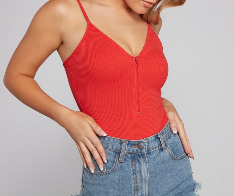 TableClothsUs Basic Zip-Front Ribbed Knit Bodysuit