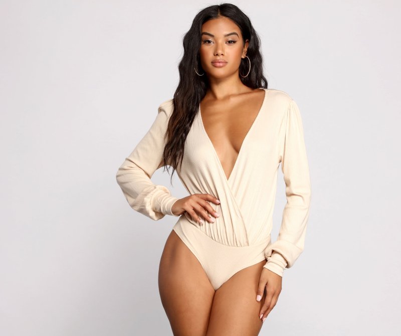 TableClothsUs Sultry Deep V Neck Ribbed Bodysuit